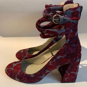 1.STATE - Ankle Strap - Floral Brocade - Block Heel - Wine/Gray 7.5M
